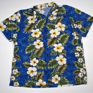 Vintage Aloha Shirt KY’s Hawaiian Button Beach Vacation Summer Golf Blue Floral